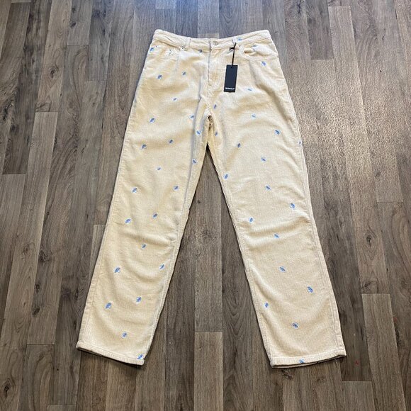 NWT Forever 21 Corduroy Trousers Cream with Blue Embroidered Mushrooms XL - Picture 1 of 7